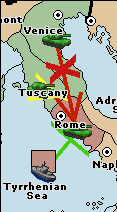 A green support-hold from the fleet in Tyrrhenian Sea lets Rome hold against an attack from Venice, supported by Tuscany